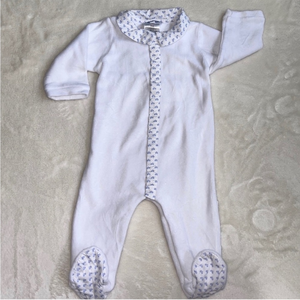 Jacadi Paris Baby Boy White With Blue Motorcycle Print Footie Size 6M